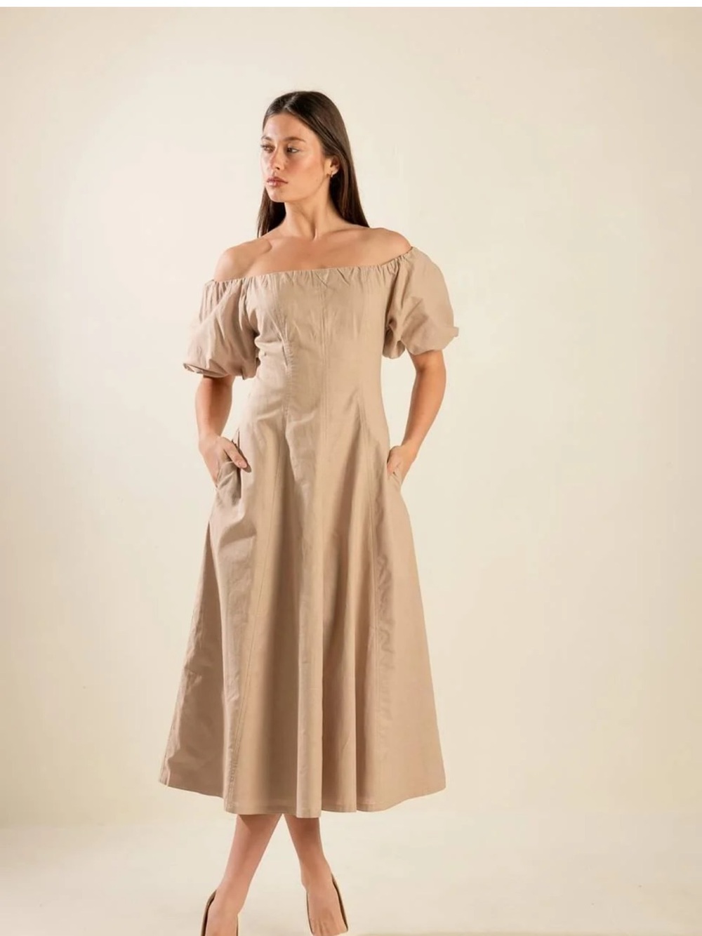 Linen blend Off-Shoulder Puff Sleeve Midi Dress in Beige size M